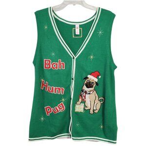 Bah Hum Pug Green Embroidered Christmas Holiday Sweater Vest Womens XXL 20 Plus